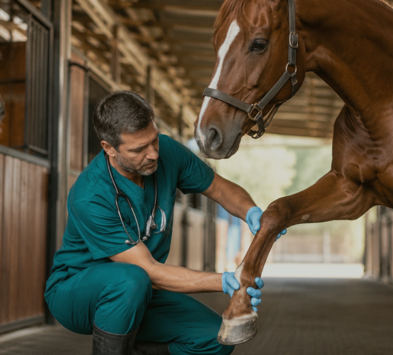 Veterin&aacute;rio a examinar o membro de um cavalo na cavalari&ccedil;a